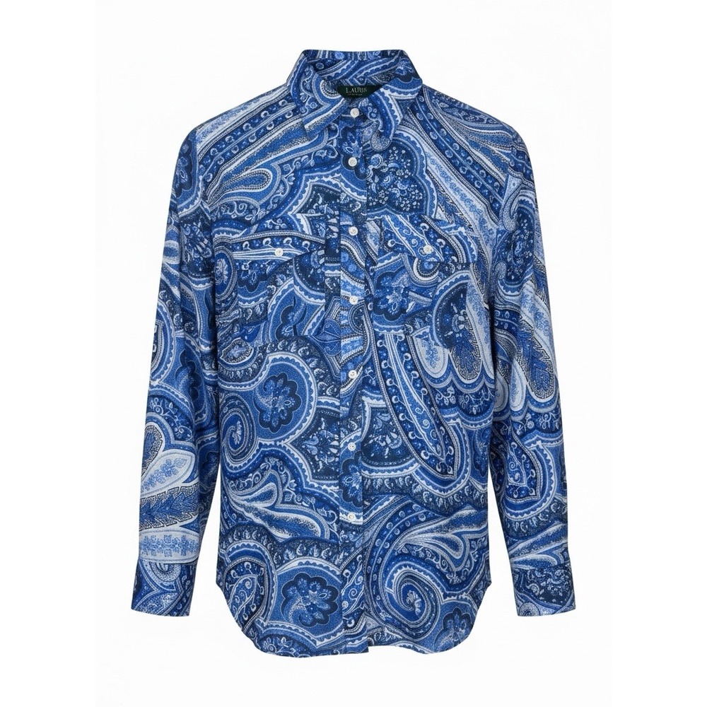 Lauren Ralph Lauren Medium Blue Paisley Silk Blend Button Down Roll Tab Sv Shirt